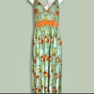 Johnny Was, Yellowfield 8 Maxi Sundress Medium 100% Silk Teal Orange Floral